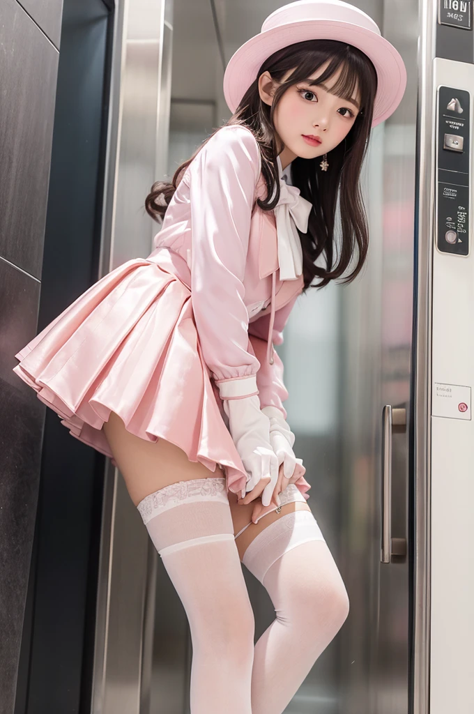 Highest quality、Elevator Girl、A short pink jacket made of shiny silk、White blouse with ribbon、Very short tight skirt、Micro Mini Skirt、A small round hat with a ribbon、Skinny、White gloves、White over-the-knee socks、Flushed Cheeks、Embarrassed look、Pulling the skirt with your hands