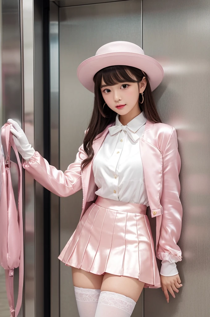Highest quality、Elevator Girl、A short pink jacket made of shiny silk、White blouse with ribbon、Very short tight skirt、Micro Mini Skirt、A small round hat with a ribbon、Skinny、White gloves、White over-the-knee socks、Flushed Cheeks、Embarrassed look、Pulling the skirt with your hands
