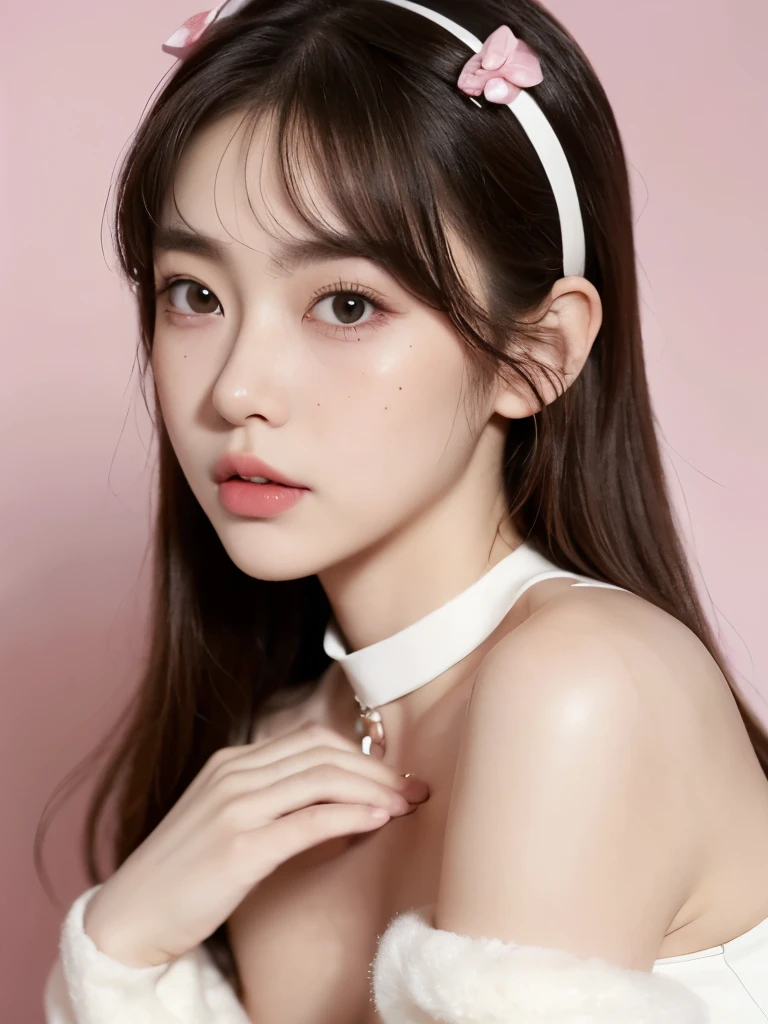 Kim Jennie with white brown hair, with curlers at the ends, with two bows on each side of the hair, all her white hair brown, with a star clip in her white brown hair, light colored eyes, Beautiful eyes, crying eyes, Beautiful, splash nose, watery nose, Beautifuls labios, pink lips, heart and cupid shaped lip, Beautiful skin, pale, White skin, with moles and freckles all over his face, soft pink blush on cheeks, natural pink blush, soft pink makeup, Jennie, Nice neck, marked collar, frown, tender look, with a kiss necklace, a Beautiful kiss necklace, similar a Yumeko Jabami, while using a YK2 Crochet, woolen, with a YK2 style brown miniskirt, while wearing stockings, secretary stockings, medias sexy, while having a bare abdomen, Delgado, marked and Beautiful, (big breasts, soft breasts, Beautifuls pechos), while she cosplays the character Yumeko Jabami, The anime Kakegurui., looking to the camera