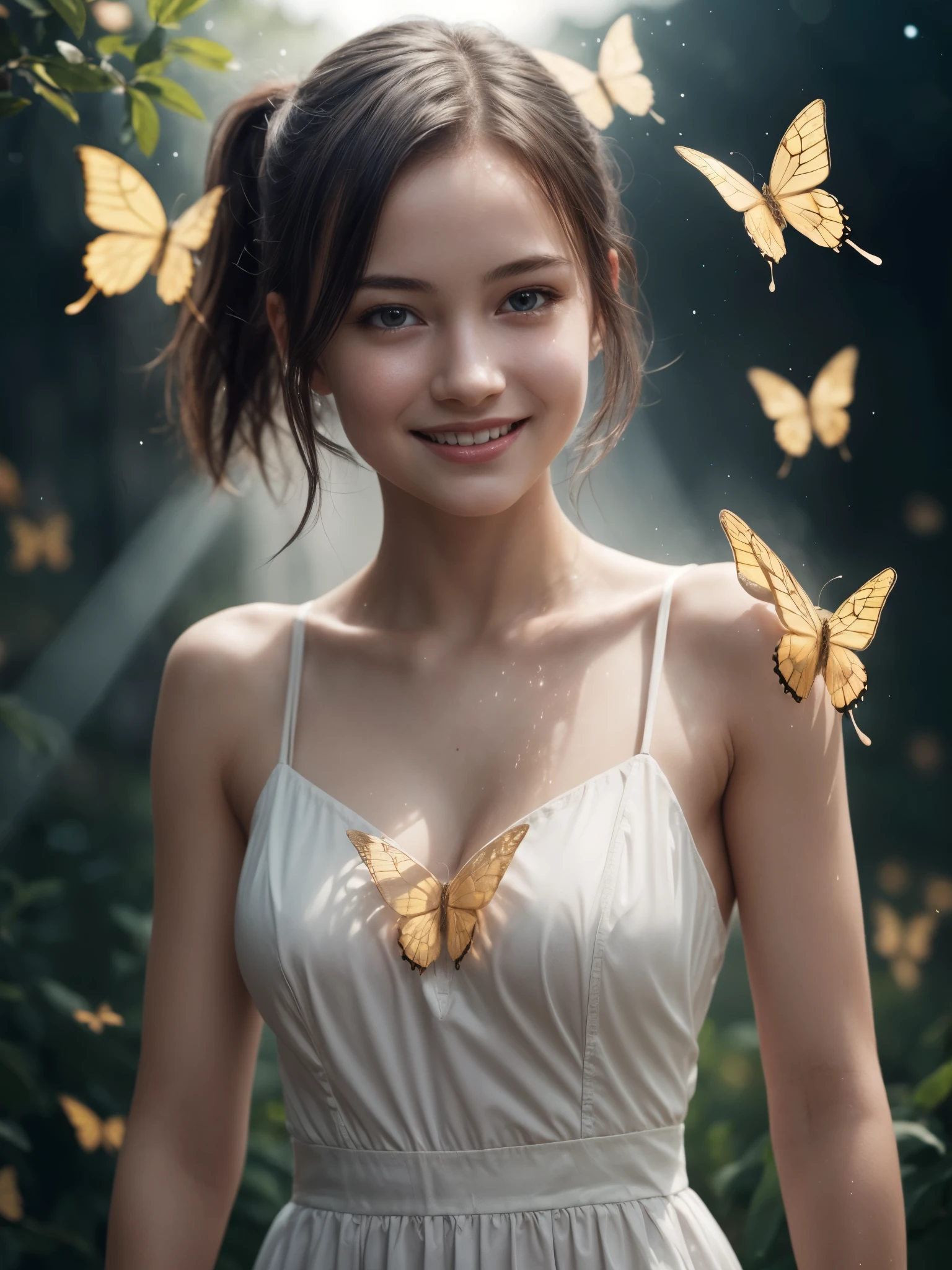 1girl, detailed face, (wet hair:0.6), looking at viewer, glittering glowing butterflies, glittering dust, sideboob, shoulder, blurry background, (realistic:1.3), dreamy, magical, mesmerizing, masterpiece, intricate details, high resolution, soft focus, soft light, professional lighting, calm smile, blush, detailed skin, photorealistic, short bob hair, ponytail, (tyndall effect:1.2), full body, (yo, cute:1.2), (breasts:1.2),