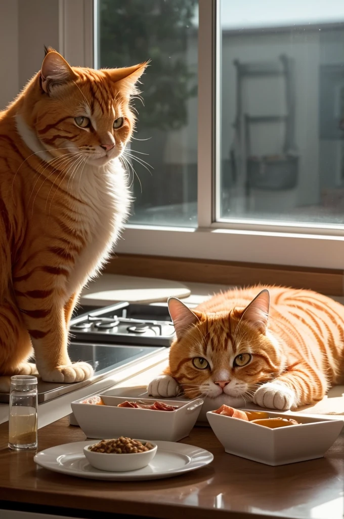 Scene 1:
Description: Boris, a huge orange cat, devours a huge plate of tuna food in his kitchen. His eyes are wide with pleasure and his mustaches are smeared with sauce. Sunlight streams in through the window, lighting the scene with warm tones.
detaileds:
Boris está sentado em um banquinho alto, with front paws on the counter.
The food dish is almost empty, with just a few pieces left.
Os bigodes de Boris estão cheios de molho de atum.