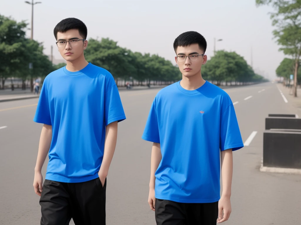 21 year old Beijing boy, he is wearing a oversize xxl blue plain t-shirt, he is wearing black trousers, he is wearing sneakers, he is wearing glasses, city, full body, he is buzz cut Hair, foot, walking