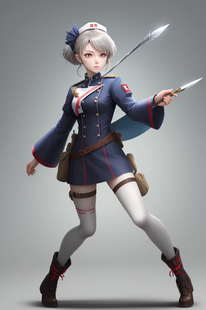 Field Medic Woman, masterpiece, high quality, Game character design, Anime illustration style, Simple flat background, (Little:0.9), whole body, Diagonal angle, View your viewers, Dynamic pose, Holding a dagger, Text only,