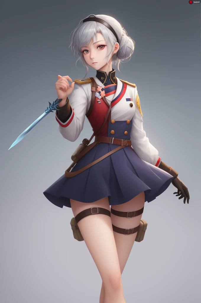 Field Medic Woman, masterpiece, high quality, Game character design, Anime illustration style, Simple flat background, (Little:0.9), whole body, Diagonal angle, View your viewers, Dynamic pose, Holding a dagger, Text only,