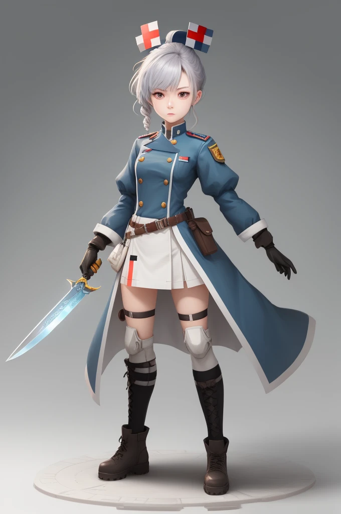 Field Medic Woman, masterpiece, high quality, Game character design, Anime illustration style, Simple flat background, (Little:0.9), whole body, Diagonal angle, View your viewers, Dynamic pose, Holding a dagger, Text only,