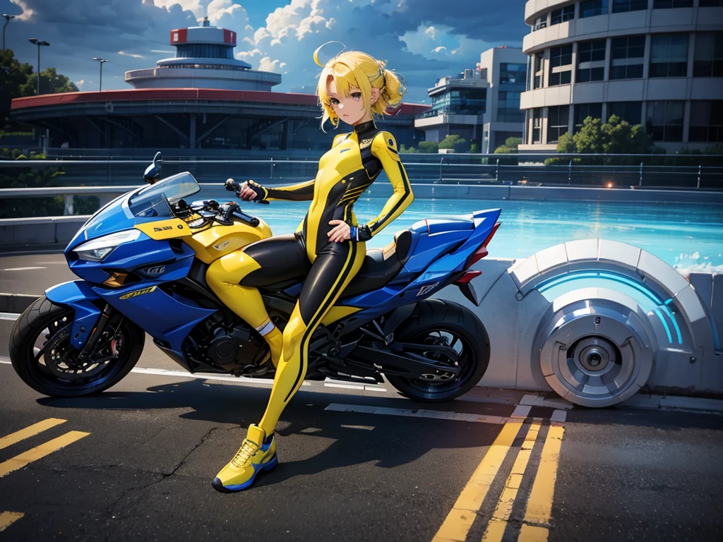 Thunder backdrop, thunder ranger, loli face, small breast, tight suit, speedy thunder, alien weapons , yellow hair