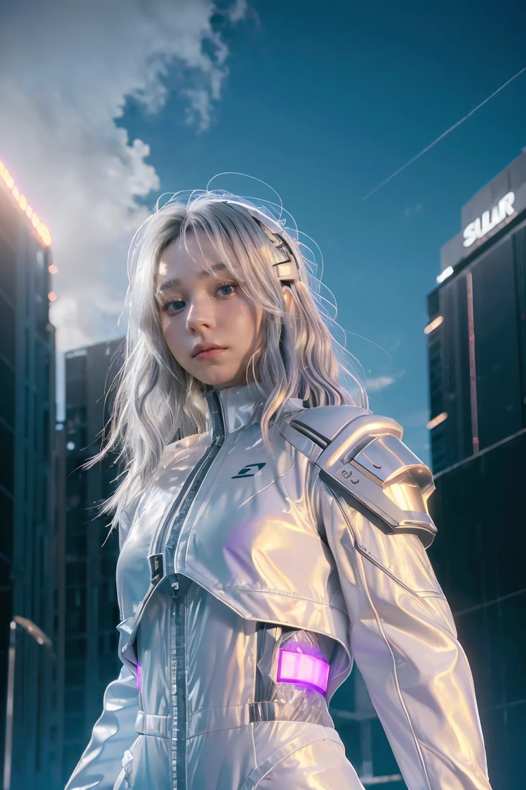 ((masterpiece, best quality, extremely detailed), volumetric lighting, ambient occlusion, colorful, glowing),
1girl, solo, young girl, (silver hair), long hair, halo, aura, sacred, goddess, cyber suit, (white outfit:1.3),
outdoors, sunset, sky, clouds, space, (cyberpunk theme:1.2),