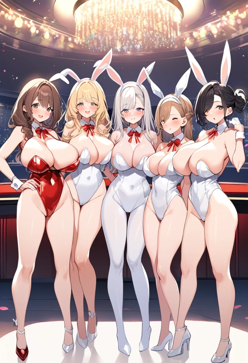 Bust Chart、Inner thighs、(Three Girls、3girls、24-years-old、27 years old、32 years old),blonde、Black Hair、Brown Hair、Bunny girl、White rabbit ears、Wrist cuff、Huge breasts:1.5、Saggy breasts:1.5、Long chest:1.3、Saggy breasts:1.5、Everyone please line up facing forward、(Mature Woman、Mature Woman:1.3)、Cabaret Club、White bunny suit、Black bunny suit、Light blue bunny suit