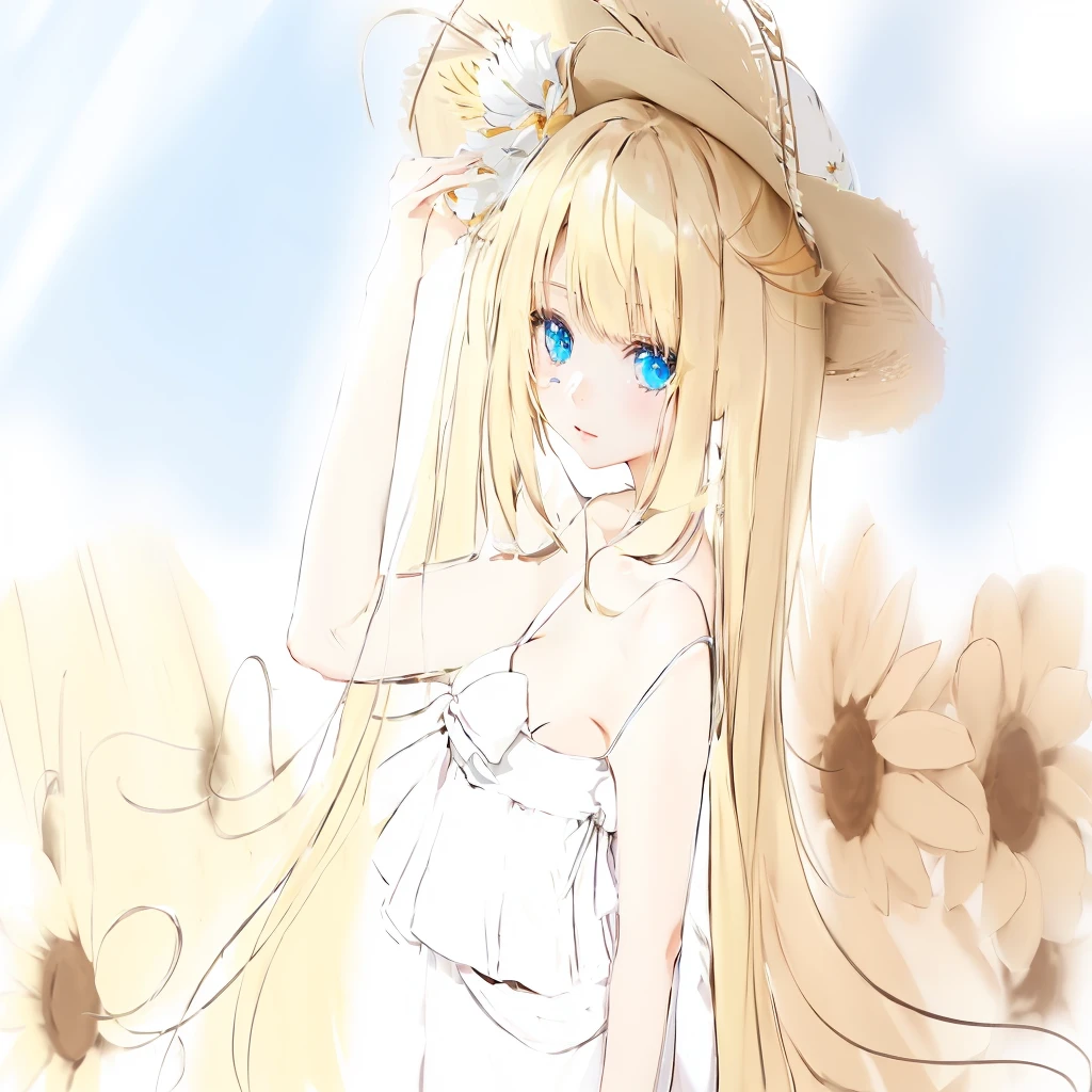 Anime girl with long golden ponytails and blue eyes, holding a straw hat in her hand and wearing a white off-shoulder dress, with a sunflower behind her, looking at the camera, Anime Goddess, In the anime painter studio, Soft anime illustration, Anime Shadows), Lolita in a skirt, Anime art style, Anime Shadows, Digital Animation Art!!, Produced in collaboration with Anime Painter Studio, pixiv style