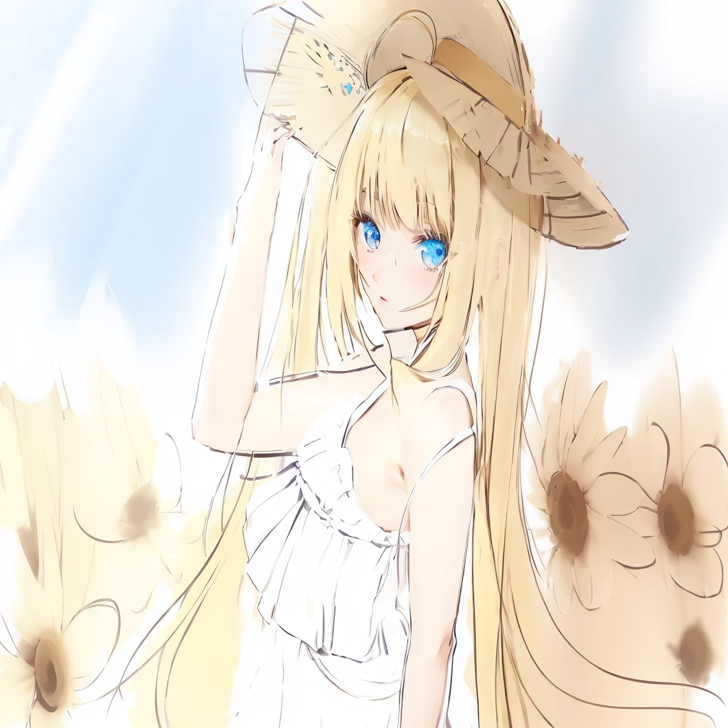 Anime girl with long golden ponytails and blue eyes, holding a straw hat in her hand and wearing a white off-shoulder dress, with a sunflower behind her, looking at the camera, Anime Goddess, In the anime painter studio, Soft anime illustration, Anime Shadows), ta in a skirt, Anime art style, Anime Shadows, Digital Animation Art!!, Produced in collaboration with Anime Painter Studio, pixiv style