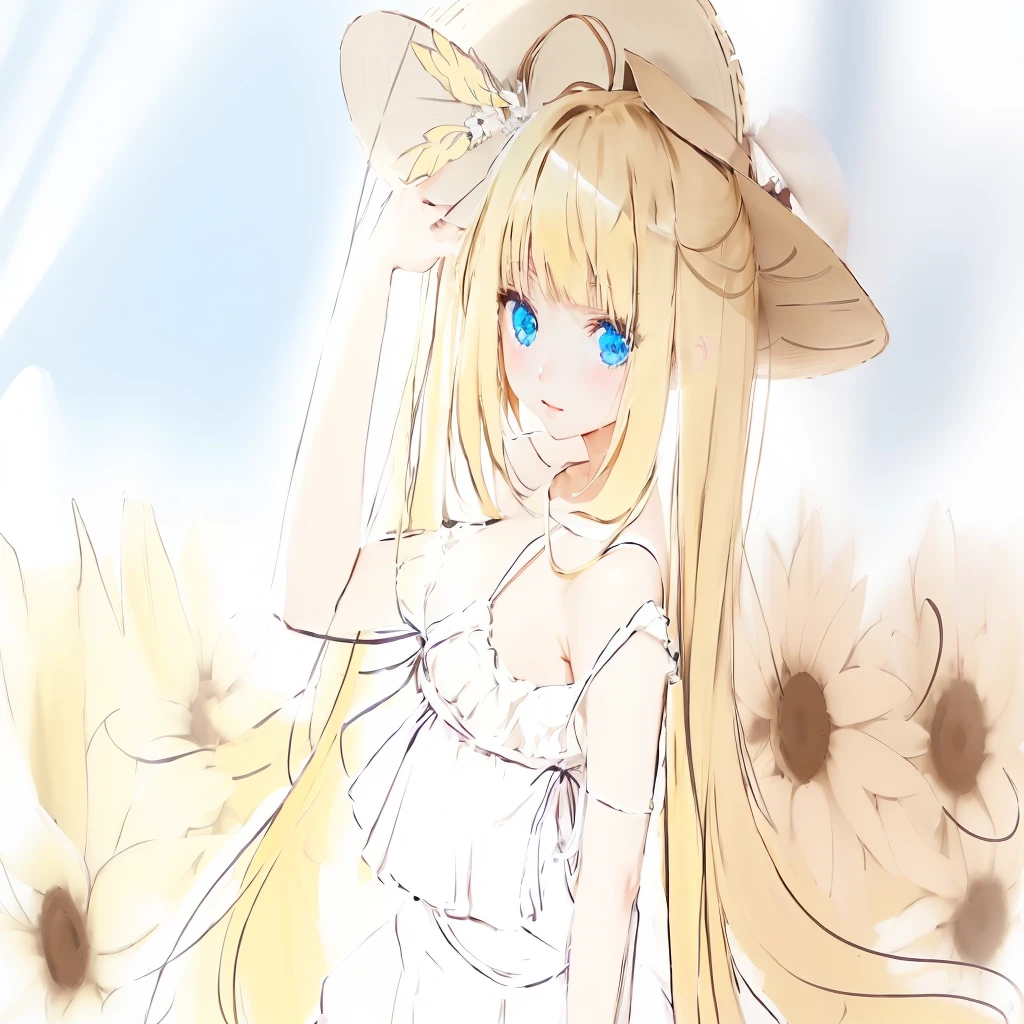 Anime girl with long golden ponytails and blue eyes, holding a straw hat in her hand and wearing a white off-shoulder dress, with a sunflower behind her, looking at the camera, Anime Goddess, In the anime painter studio, Soft anime illustration, Anime Shadows), Lolita in a skirt, Anime art style, Anime Shadows, Digital Animation Art!!, Produced in collaboration with Anime Painter Studio, pixiv style
