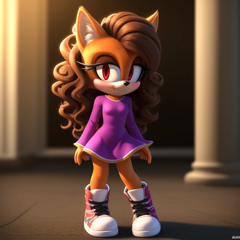 mobian, solo, hedgehog, two-tone fur ((orange fur, brown fur)), long sleeve bodycon dress, high-top sneakers, small breasts, two-tone hair (brown hair, black tip)), curly hair, halo, sunglasses, jewelry, red eyes, longeyelashes, red eyes, smile, shy, blush, pose, high detail, masterpiece, UHD, anatomically correct, super detail, highres, 4K