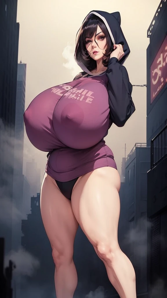 ((huge milf woman)), Horror style, bob hair, t-shirt dress, in city fog night, strong stance
