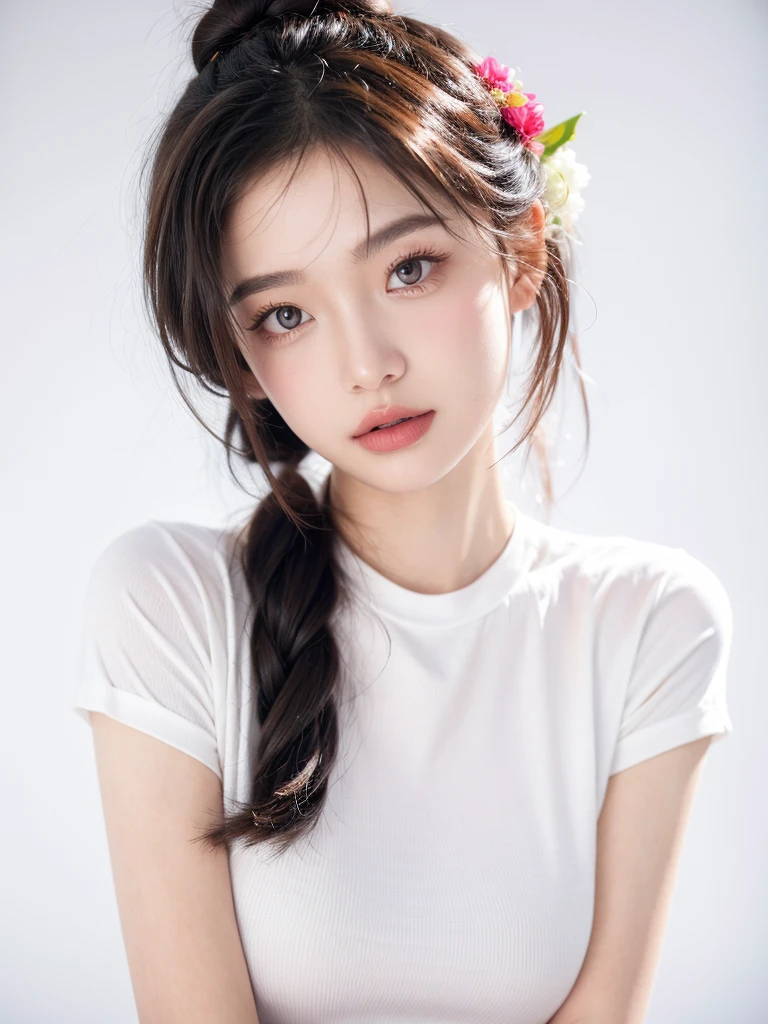 masterpiece,Best picture quality,Extreme details,Ultra-high resolution,Ultra-high definition,Beautiful young people,Glowing skin,thin,Black Hair,Half bun,1,big eyes,beautiful eyes,Lipstick,Exquisite facial features,Medium shot,Looking at the viewer, t-shirt,Single tone background,White background,Soft light,Wear flowers on your head