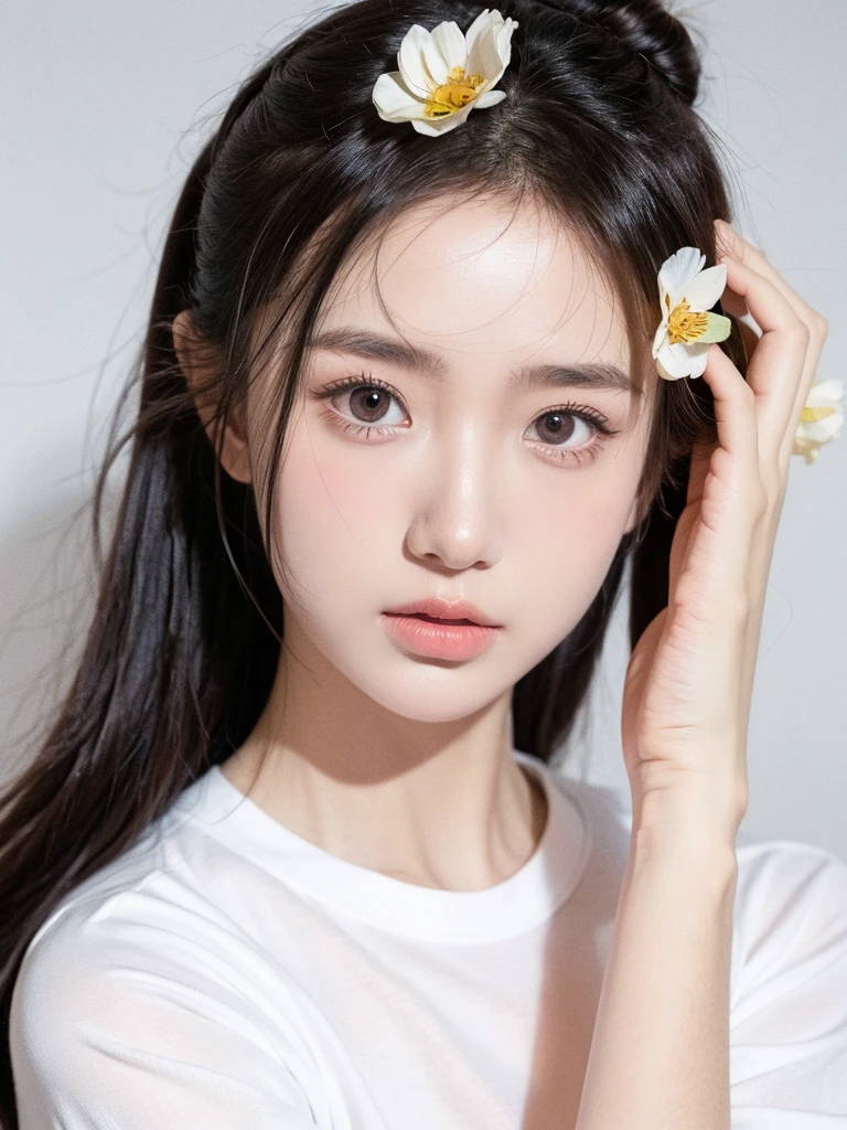masterpiece,Best picture quality,Extreme details,Ultra-high resolution,Ultra-high definition,Beautiful young people,Glowing skin,thin,Black Hair,Half bun,1,big eyes,beautiful eyes,Lipstick,Exquisite facial features,Medium shot,Looking at the viewer, t-shirt,Single tone background,White background,Soft light,Wear flowers on your head