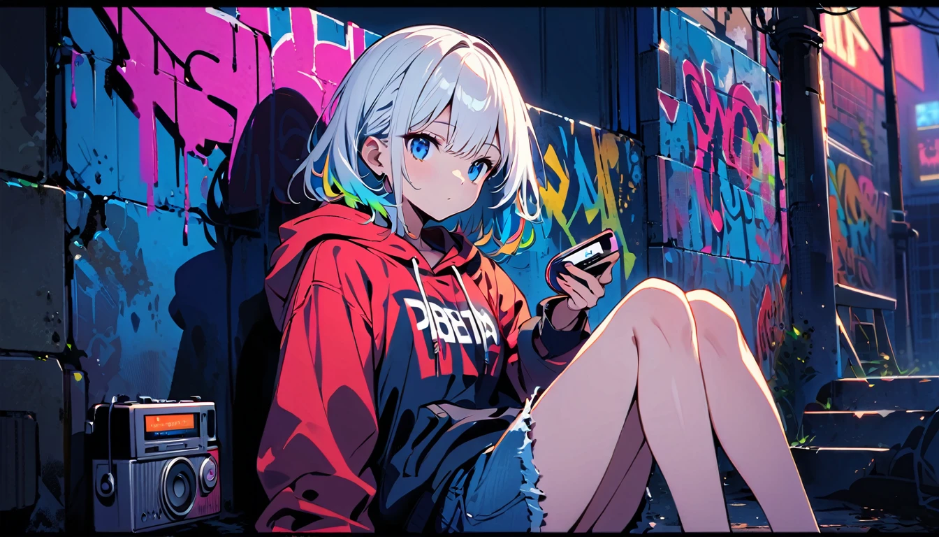 HD 8K Handsome cute, Solitary, 1 female, Medium Length Hair, white hair, Rainbow hair, blue Eyes, Rainbow headphone, hoodie, colored hoodie, denim shorts, Human focus, outdoor, in the night, White clouds, graffiti wall, radio cassette player, sitting,