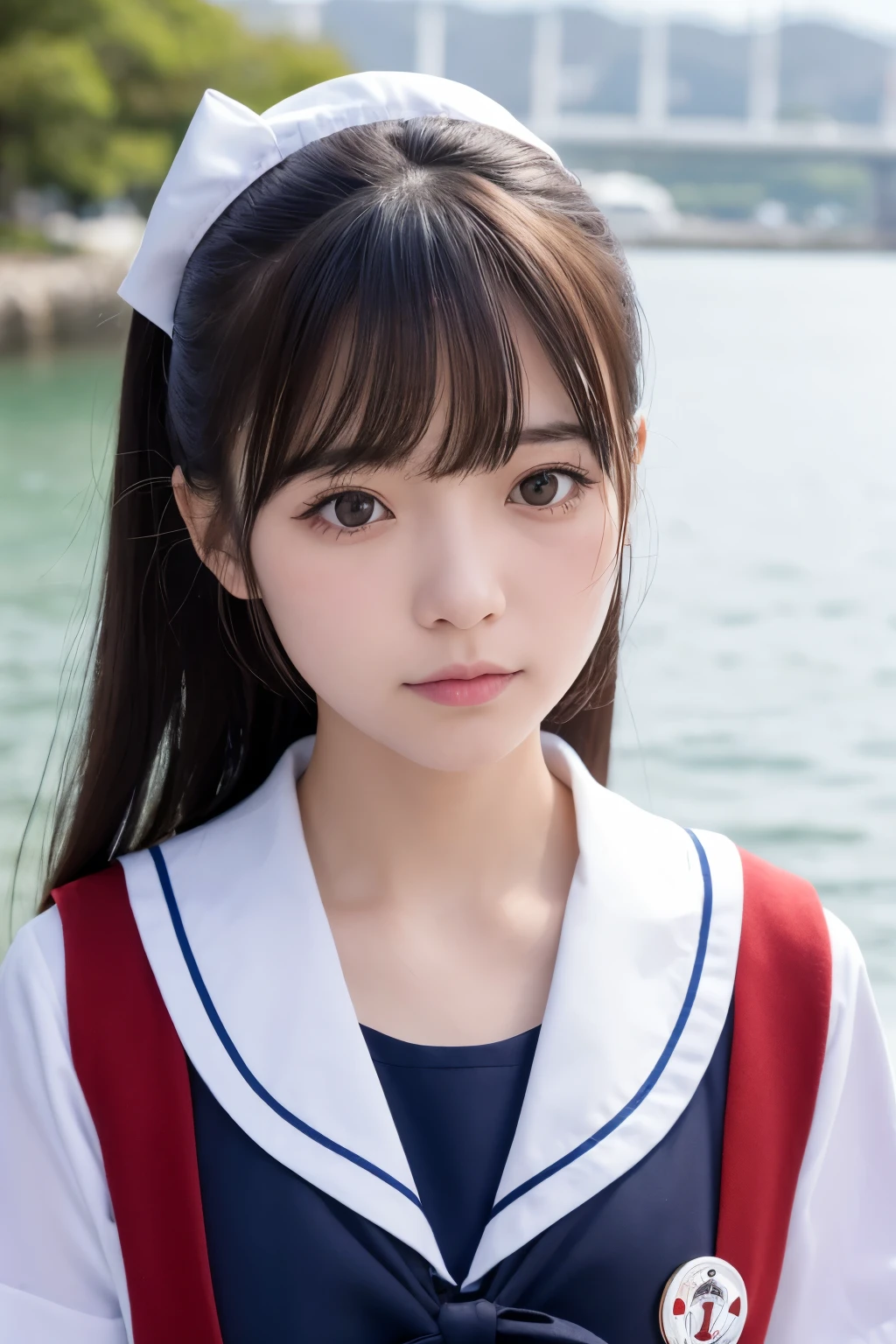 Close-up of a woman in sailor clothes standing by the water, Chiho, seifuku, shikamimi, junko enoshima, Kotegawa Yui, Yasumoto Oka, Hole in the Motto, Ogata Aoi, Yoshitomo Nara, Jaeyoung Nam, Portrait of a Japan teenager