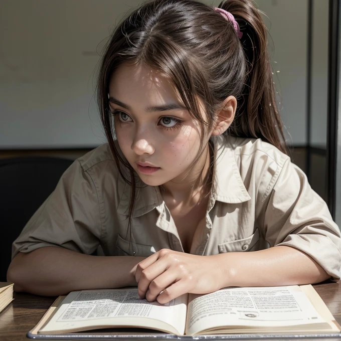 brown skin girl, brown hair tied in a ponytail and dark eyes, wearing a uniform while studying at school with some buttons on her shirt undone revealing her breasts looking at her notebook