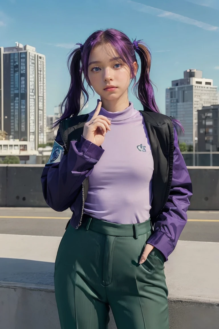 ((masterpiece)), ((best quality)), ((highres)), 1girl, solo, police officer, (matching pants, slacks), city backdrop, (holding and aiming pistol, detailed pistol, glock 22, trigger discipline), standing, medium hair, (purple hair, twintails), (green eyes),