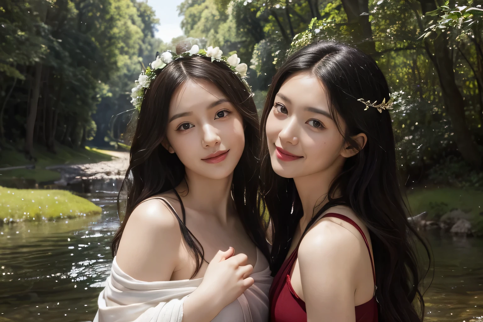 Giorgione painting style,Barbizon forest A beautiful woman in Greek dress smiles on the shore,Sweet and seductive appearance.、Caravaggio's paintings、Chiaroscuro of Caravaggio、hair tousled by the wind,Two women frolicking,cute smile, expression of ecstasy,Sexy,erotic, full body portrait