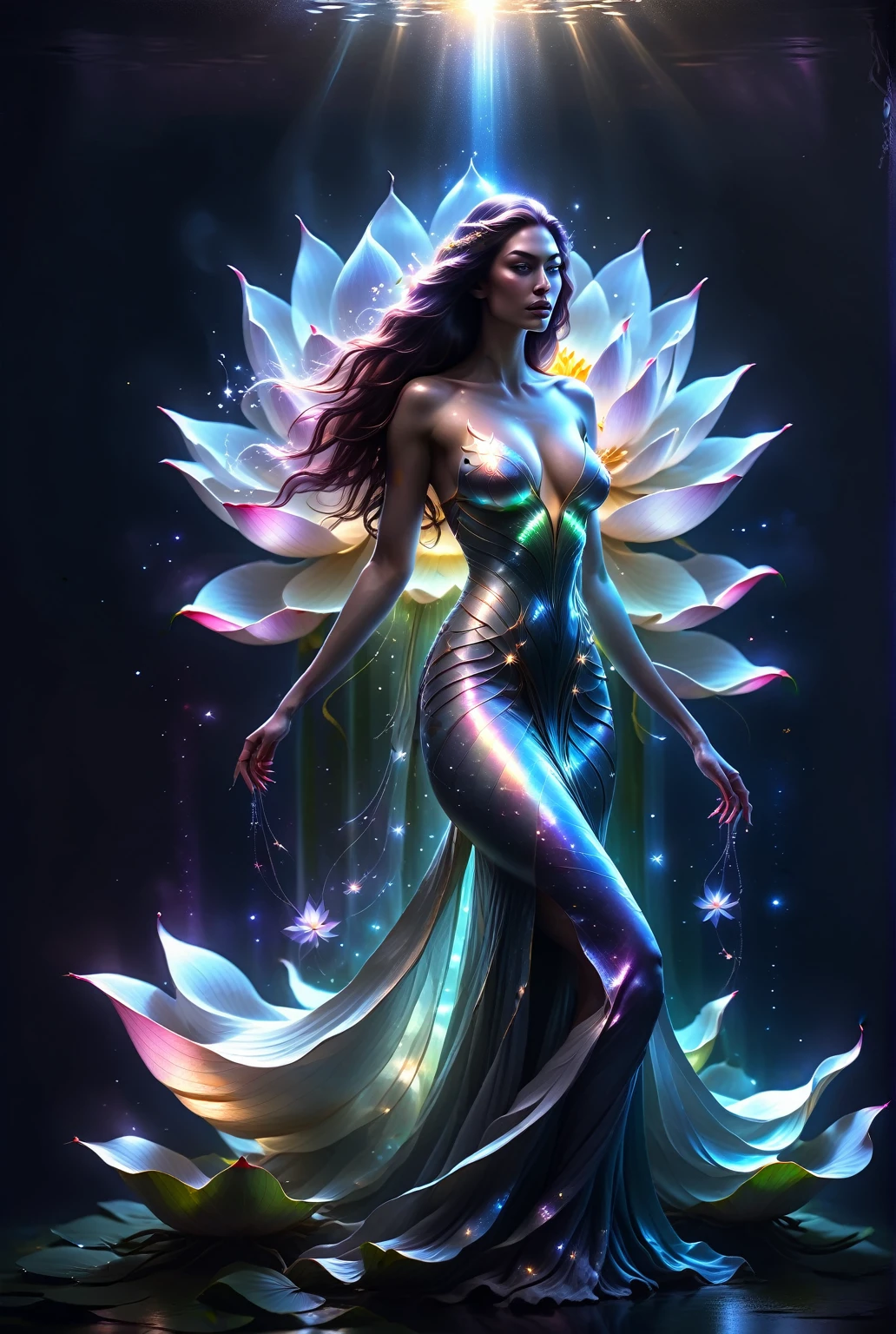 woman, long hair, sunlight, gigantic breasts, iridescent dress, glowing stars, A digital illustration, glowing lotus, defraction spikes, chromatic aberration, bloom AND (glowing, holofoil:0.6), a beautiful fantasy empress, guweiz, ruan jia and artgerm, beautiful fantasy maiden, japanese goddess, It was empty inside and she didn't even wear a bra, When she moved her body, her two fat and white breasts swayed left and right, Under the friction with her clothes, her two lotus seed-sized nipples actually stood up, making her clothes bulge out by two pointed,