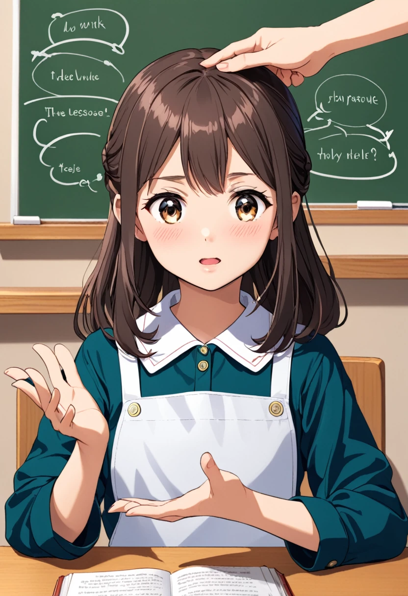 A girl explains the lesson with her hands