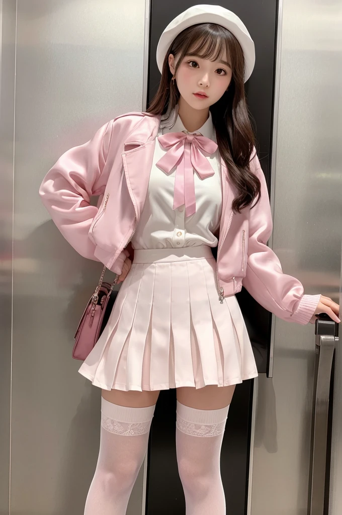 Highest quality、Elevator Girl、A short pink jacket made of shiny silk、White blouse with ribbon、Very short tight skirt、Micro Mini Skirt、A small round hat with a ribbon、Skinny、White gloves、White over-the-knee socks、Flushed Cheeks、Embarrassed look、pull the skirt down