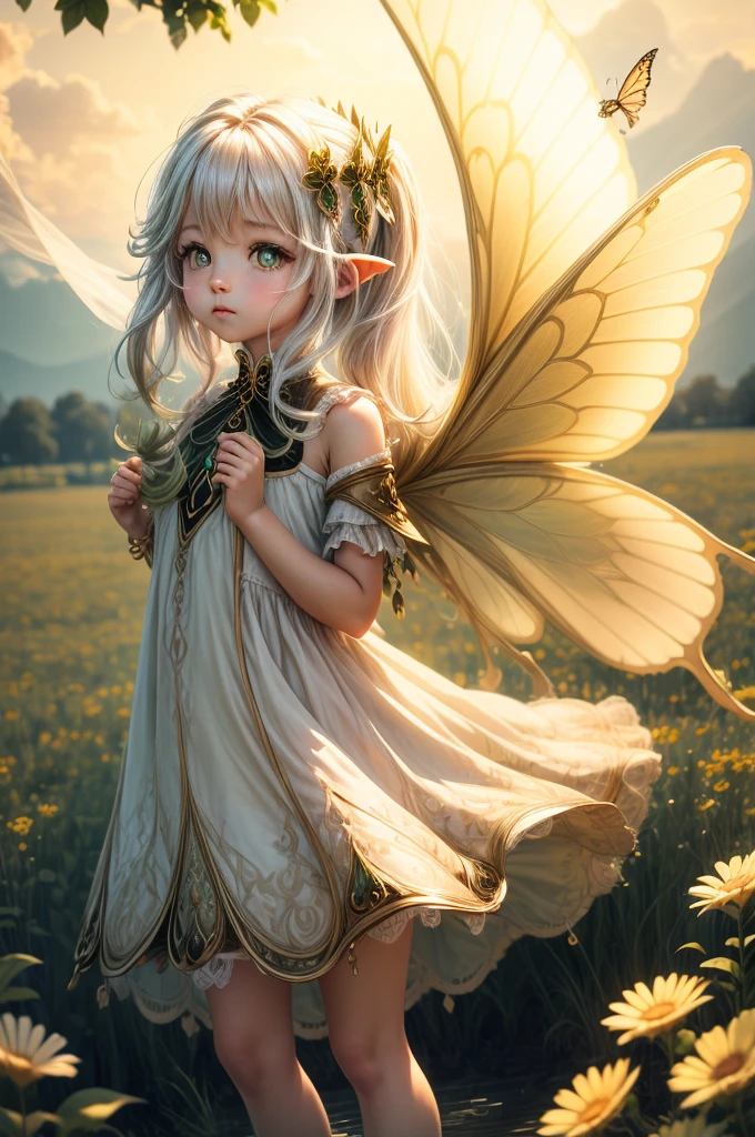 "((Innocent)) girl, golden hour, dreamy meadow, ethereal, whimsical, flowing dress, soft sunlight, enchanting, butterfly wings, (pastel clouds), liquid reflections