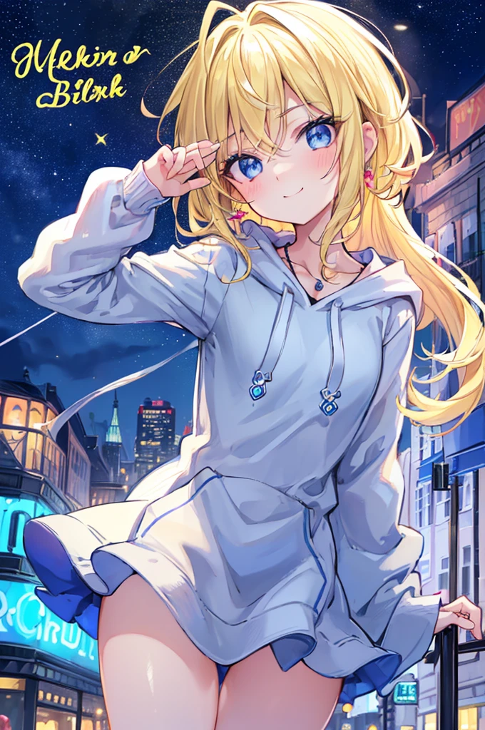 Absurd, Ultra-detailed,Bright colors,(In 8K:1.3),Masseter muscle area,Very beautifully detailed face and eyes, Age 25,(Smooth and straight blonde hair:1.3), (Shiny Hair:1.2), Delicate and beautiful face, blush、Deep blue eyes, A happy smile,Small Necklace、City lights, hoodie