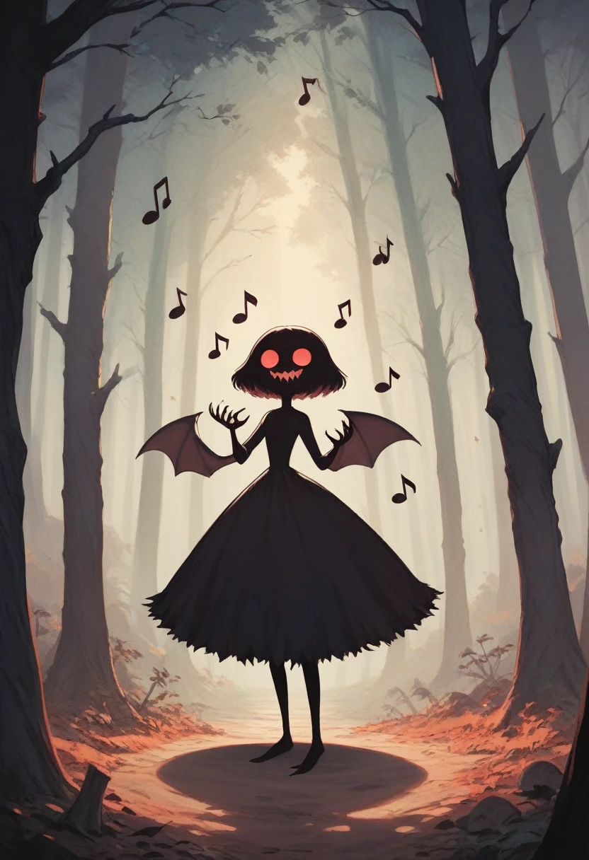 score_9, score_8_up, score_7_up, score_6_up, score_5_up, score_4_up, bats singing in a row, evil smiles, dancing notes, big trees in the forest, cute horror fantasy, disney-style horror effects