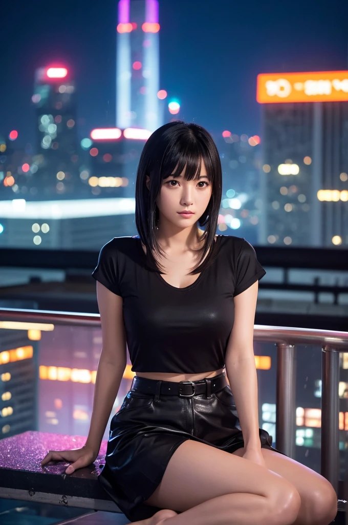 A beautiful Japanese female actress with short, straight black blunt bangs (fringe) sitting on a floating sphere made entirely of water, shaped like a chair, on the rooftop of a building during pouring rain, staring at the camera. She is wearing a white thin V-neck T-shirt, which appears wet. She looks contemplative. The rooftop has an open view with a futuristic Neo Tokyo cityscape in the background, filled with neon lights and towering buildings. The sky shows a mix of orange, blue, and purple hues with stars shining in a twilight setting. The scene has an artistic and moody atmosphere with warm lighting and rain falling around her, highlighting her features. The image is an upper body shot, showing the actress from the waist up, with photo quality as if taken with a DSLR camera.
