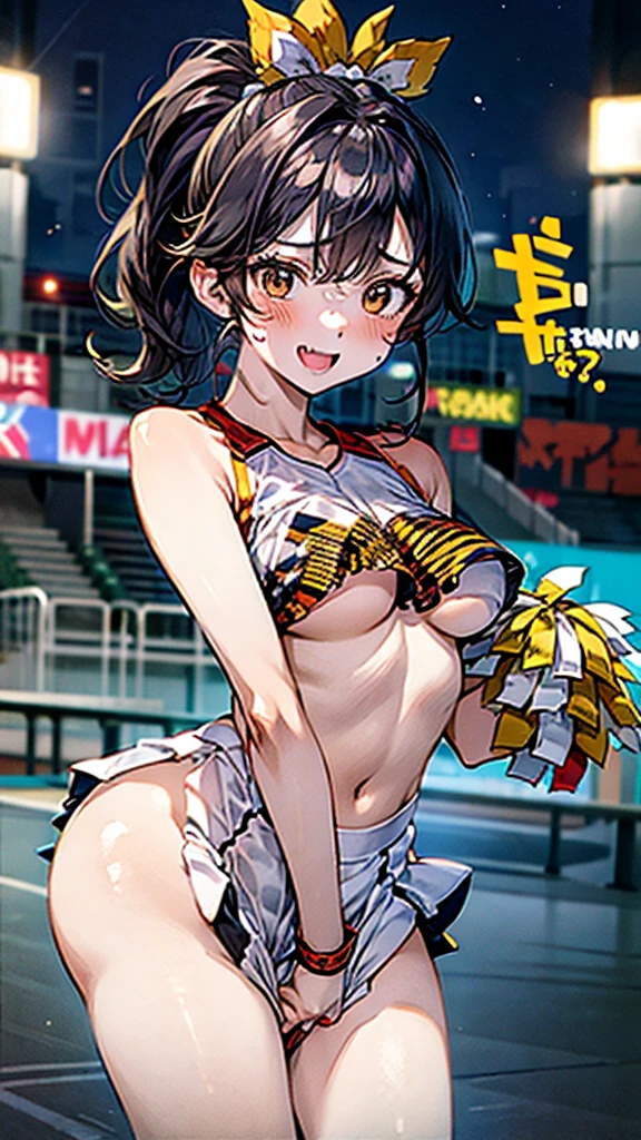 Panty drop:1.5,Clothing with tiger printed on it,tubetops,Underboobs,ponytail,cheerleader, stadium, team spirit, pom-poms, enthusiastic, energetic, crowd, uniform, sports event, cheering, colorful, dynamic pose, happy, vibrant, teamwork, celebration, night game, lights, action
