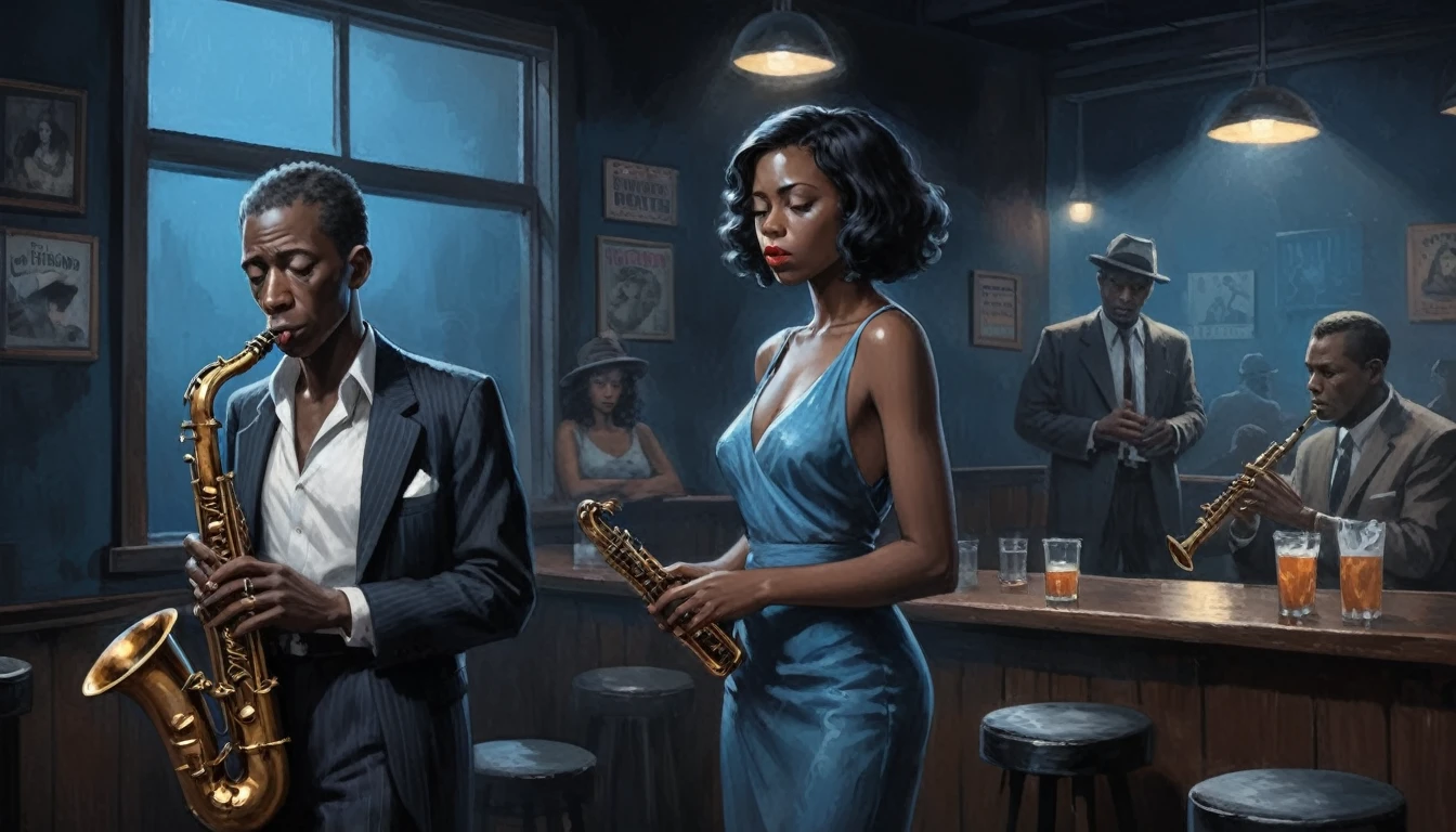 robert johnson, gritty, alabama bar, blue note, charismatic , illustration, noir fantasy, lone lady, sad ending, girl, saxophonists