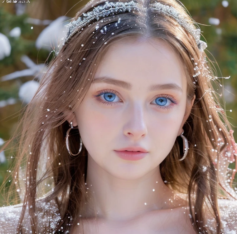 Beautiful girl, blue eyes, long curly white hair witg, detailed facial traits, beautiful earrings, national turkic female dress, naked breasts, naked nipples, yurta behind, it's snowing, sexy pose