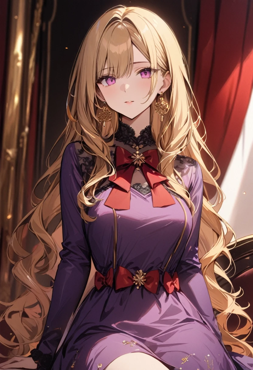 masterpiece, best quality, 1girl, solo, adult, blonde hair, long hair, golden earrings, pink eyes, detailed face, purple dress, white corners, red bow, red bows on dress, sitting