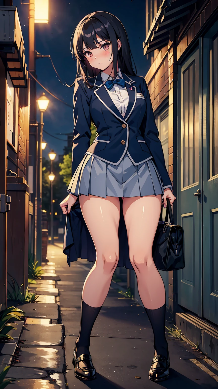 high school girl、Browsing Caution, 1boy and 1girl, Receiving money、Back alley at night、teenager、Blazer uniform、Beautiful woman、Very thick thighs、Very short skirt、Lifting her skirt to show her panties、Spread your legs wide、Seducing the audience、Best image quality、High resolution、masterpiece、super high quality、Thick pubic hair、Man&#39;s hand reaching out to woman、Holding money in your hands、Light pink lace panties、Very big ass、Very large breasts  、Blushing、4K quality、Wearing black knee socks、Sweaty all over、Heavy breathing、{Highest quality}, {so beautiful}, {Very detailed}, {Best illustrations}, Browsing Caution, girl, 