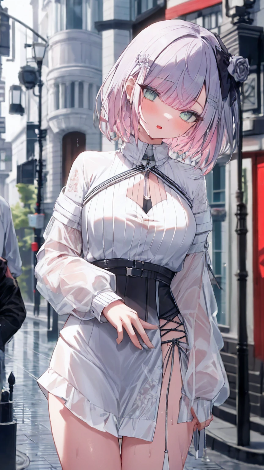 beautiful detailed eyes, beautiful detailed lips, extremely detailed eyes and face, long eyelashes, detailed body, perfect body beauty:1.4, hips:1.2, layered haircut, bust:1.2, wet clothes:1.1, rain, street:1.3, bandeau dress:1.1, very detailed face and skin texture, white skin, long hair, silence:1.3, (best quality,8k,masterpiece:1.3),focused:1.2