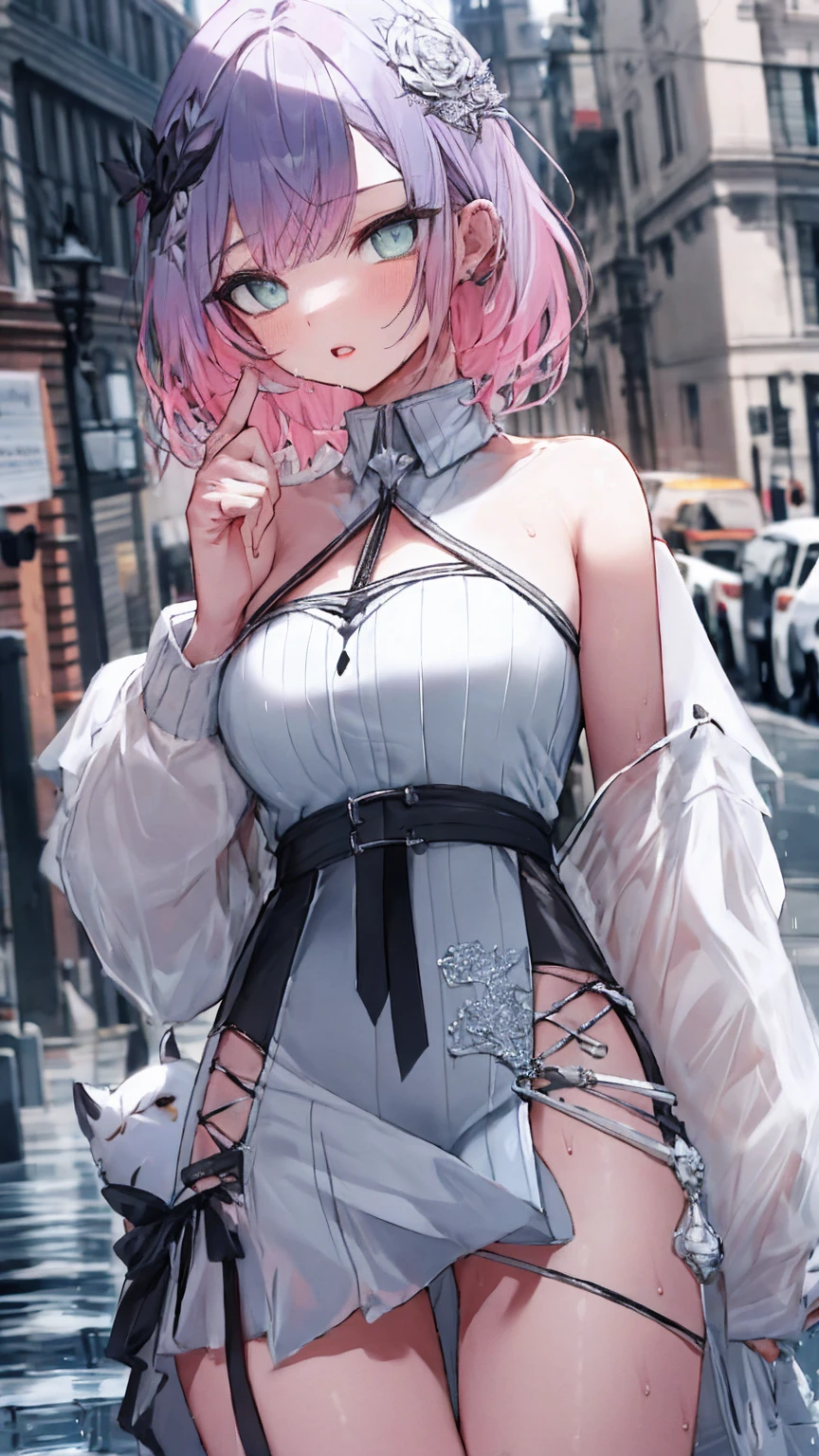 beautiful detailed eyes, beautiful detailed lips, extremely detailed eyes and face, long eyelashes, detailed body, perfect body beauty:1.4, hips:1.2, layered haircut, bust:1.2, wet clothes:1.1, rain, street:1.3, bandeau dress:1.1, very detailed face and skin texture, white skin, long hair, silence:1.3, (best quality,8k,masterpiece:1.3),focused:1.2