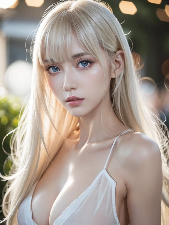 Platinum blonde fine hair、Long curly hair ,long bangs with disheveled face and eyes,,、Blue big eyes、Transparent white and wet nightgown、Nordic youth、perfect bodies、White muscle、glowy skin、Young and beautiful skin、Perfect beautiful beautiful little face、Bright makeup、Thin pink lips、bright expression、1 28 year old girl、Unbuttoned shirt、lipsticks、deceptive advertising、{steams}、Viewer Vision、Golden Hour Lighting、Bokeh atmosphere perspective、detailedovie Light、intricate-detail、hight resolution、 Detailed features of face design、high details、Clear focus、SMOOTHNESS、aesthetics、printed、octane、{{masterpiece}}