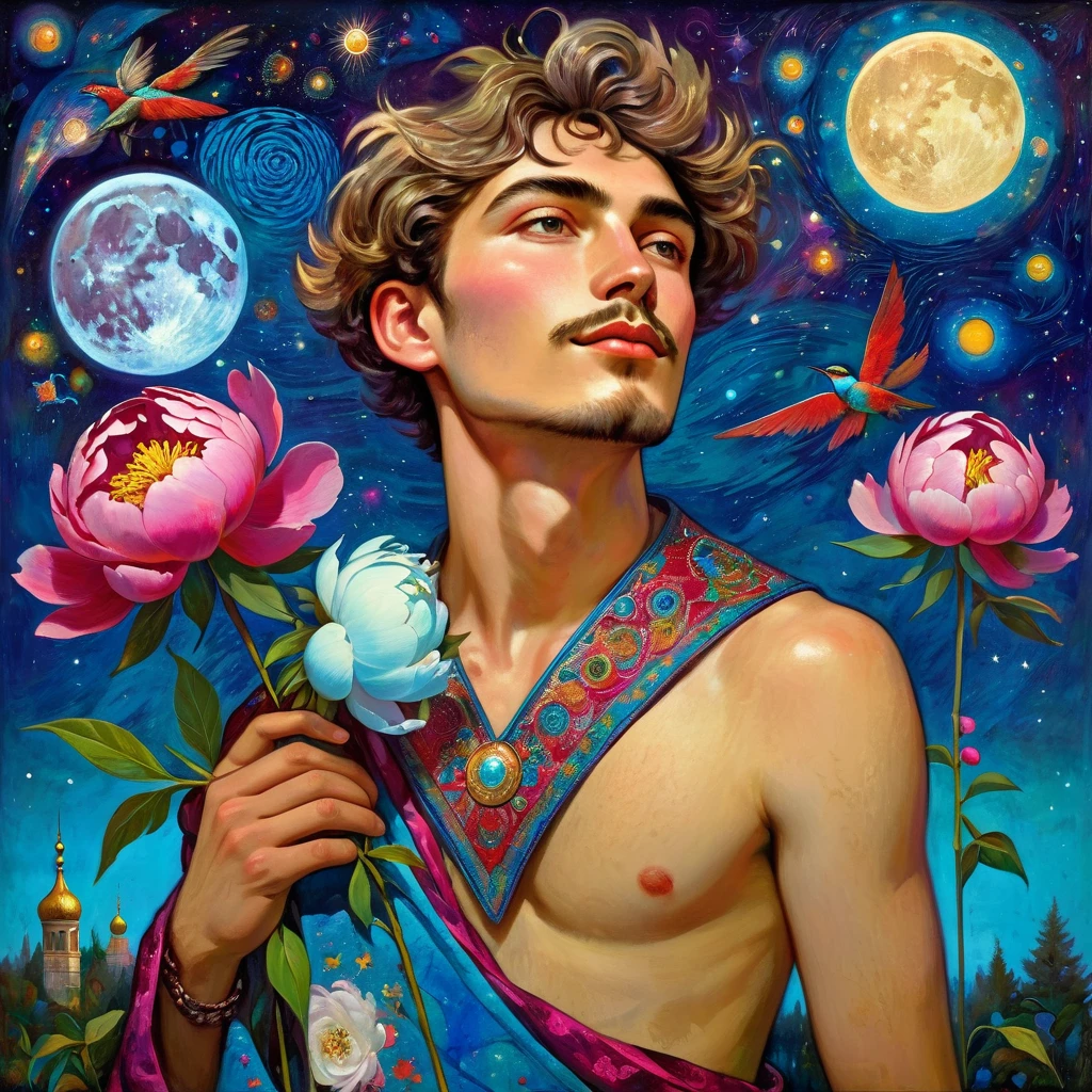attractive young man with peonies, Russian condom, dream under the starry summer sky, Russian paraphernalia, from the shoulder, very colorful,
Best Improvisation, ((Mordecai-Ardon style!)), ((perfect full body detail)), magical naive art, primitivism, Protogen, crimson/stick
, ((best qualityer, work of art)), ((higher detail)), cru:1,1, 8K