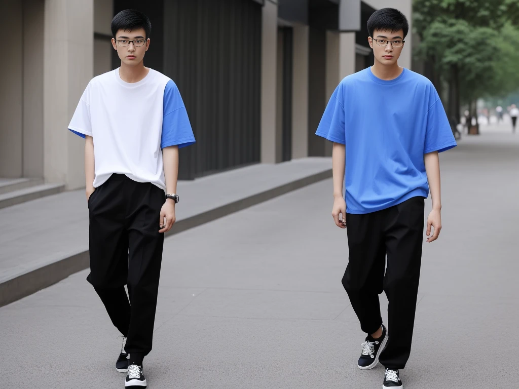 21 year old Beijing boy, he is wearing a oversize xxl blue plain t-shirt, he is wearing black trousers, he is wearing sneakers, he is wearing glasses, city, full body, he is buzz cut Hair, foot, walking