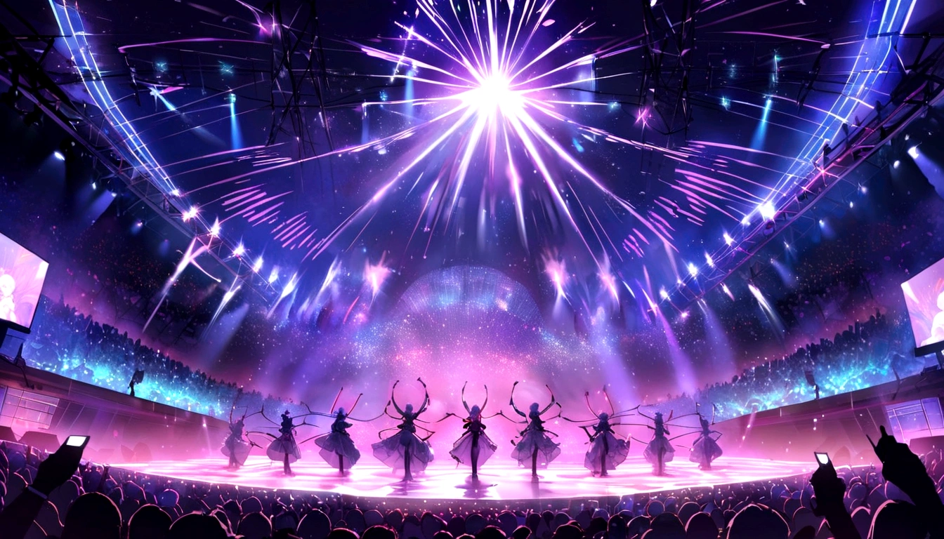 (Highest quality,4K,,High resolution,masterpiece:1.2),Very detailed,(real,realism,realism:1.37),Stage lighting illuminates the stage,Smoky atmosphere,Dark Background,Shining spotlight atmosphere,concert setting,pulsating neon lights,Shining stage floor,Strong emotions,A vibrant show of vibrant colors、soulful atmosphere、Sharp focus、Laser Show、moving stage effect、The mysterious aura of the huge crowd、Melodic sound wave artistic visual effects、Stunning stage design、State-of-the-art technology、Vibrant atmosphere、A modern entertainment experience、top of the world、Harmonious music and images、Artistic Expression、musical genius、Fascinating stage performance