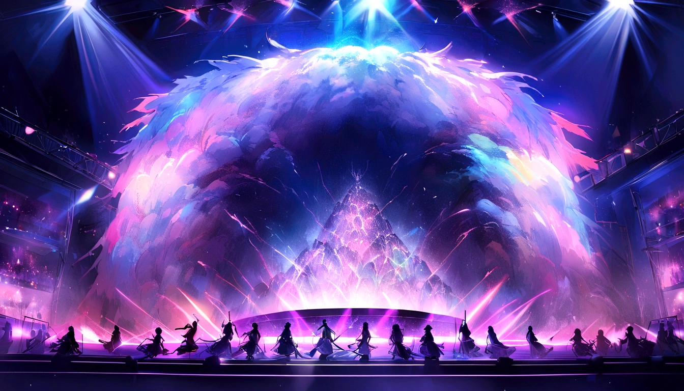 （Highest quality，4K，，High resolution，masterpiece：1.2），Very detailed，（real，realism，realism：1.37），Stage lighting illuminates the stage，Smoky atmosphere，Dark Background，Shining spotlight atmosphere，concert setting，pulsating neon lights，Shining stage floor，Strong emotions，A vibrant show of vibrant colors、soulful atmosphere、Sharp focus、Laser Show、moving stage effect、The mysterious aura of the huge crowd、Melodic sound wave artistic visual effects、Stunning stage design、State-of-the-art technology、Vibrant atmosphere、A modern entertainment experience、top of the world、Harmonious music and images、Artistic Expression、musical genius、Fascinating stage performance
