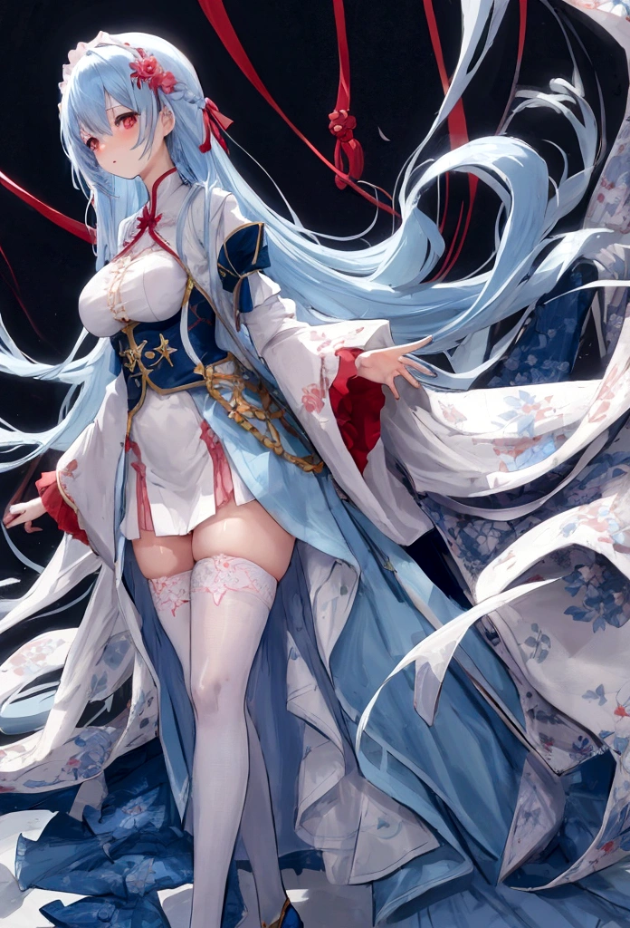 Light blue hair, very long hair, red eyes, big breasts, solo, blush, chiffon dress, blue floral pattern stockings, stripleeves, wide sleeves, standing pose