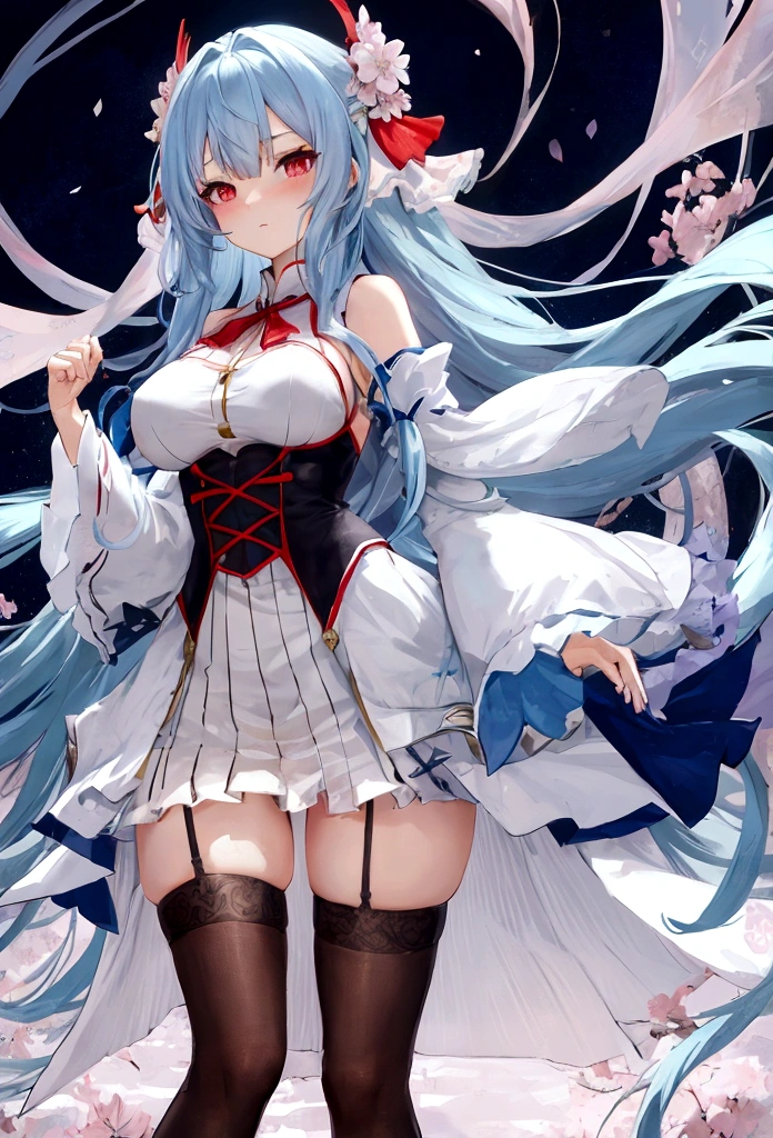 Light blue hair, very long hair, red eyes, big breasts, solo, blush, adult chiffon dress, blue floral pattern stockings, stripped sleeves, wide sleeves, standing pose