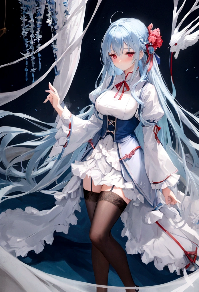 Light blue hair, very long hair, red eyes, big breasts, solo, blush, adult chiffon dress, blue floral pattern stockings, stripped sleeves, wide sleeves, standing pose