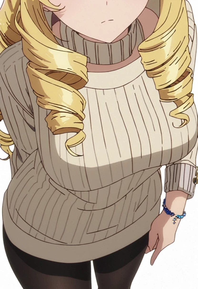 masterpiece, best quality, screencap, 1girl, solo, blonde hair, long hair, curly hair, drill hair, blue hairband, sweater dress, ribbed sweater, golden corners, bracelet, jewellery, black pantyhose, adult, large breasts, white background, empty look, close up