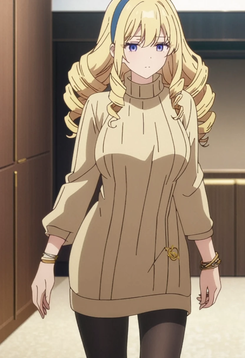 masterpiece, best quality, screencap, 1girl, solo, blonde hair, long hair, curly hair, drill hair, blue hairband, sweater dress, ribbed sweater, golden corners, bracelet, jewellery, black pantyhose, adult, large breasts, white background, empty look, close up