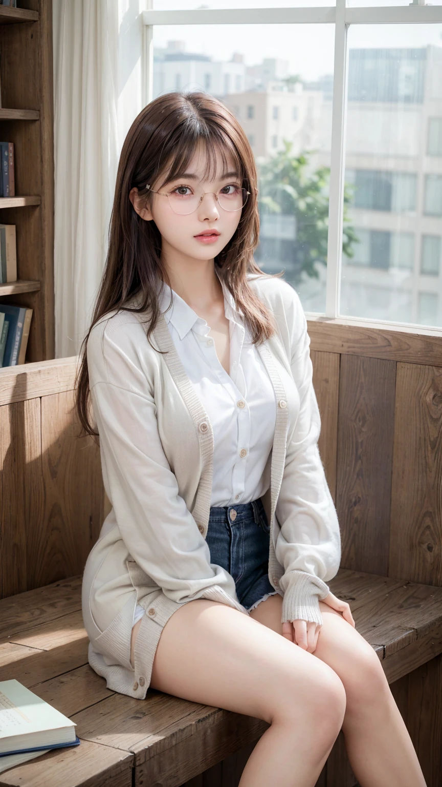 8K, Highest quality, masterpiece, Ultra-high resolution, (Realistic:1.4), whole body、RAW Photos, ((Long brown straight hair, See-through bangs))), Beautiful Details 1 Girl, (Realistic:1.4), High-resolution RAW color photos, Professional photos, Highly detailed eyes and face, Natural light, Facial details, White skin, Shiny skin, Tight waist, Small Ass, Thin legs,Natural Breasts, Nice body, 、Bookshelf、((White shirt、Navy blue 、cardigan、Wearing glasses))、Young round face、Sit with your legs spread wide、