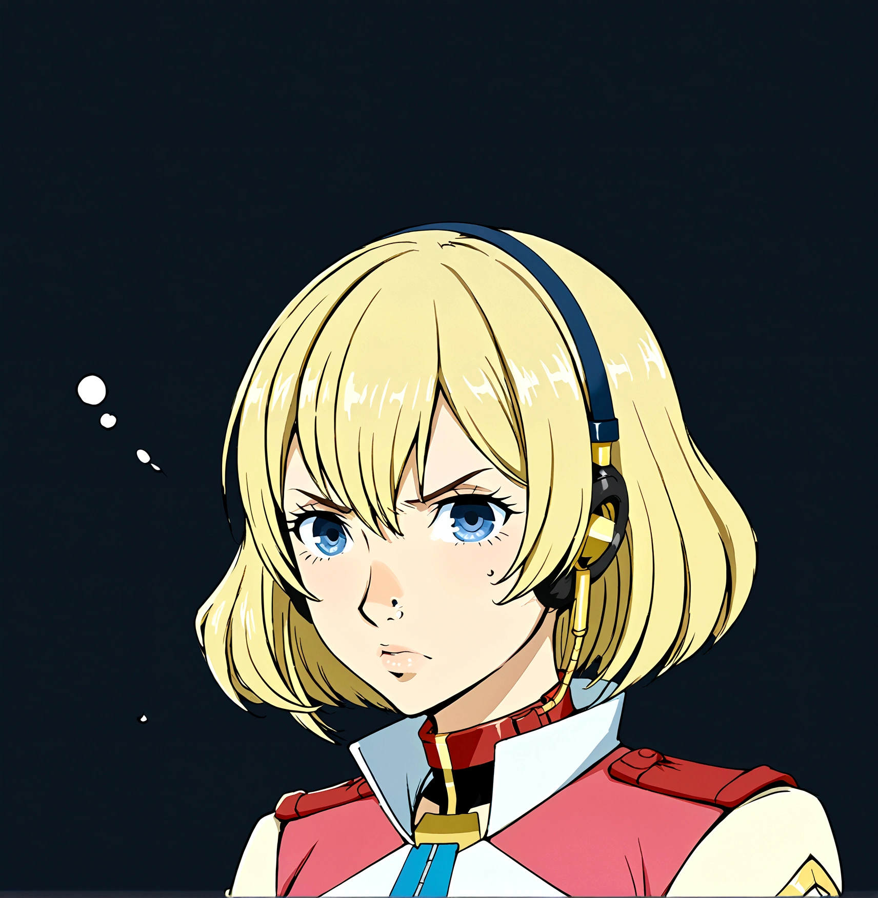 A detailed anime-style illustration of a young woman. She has short blonde hair that falls just above her shoulders, with a straight and smooth texture that has a slight shine. Her eyes are large and blue, with a serious and determined expression. She has a small, well-defined nose and a subtle curve to her lips. She is wearing a headset microphone attached to her ear. She is dressed in a pink uniform with white accents, a red collar, and gold trim. The uniform has shoulder epaulets and a zipper running down the front. Pay special attention to the shape and color of her eyes, the smooth and shiny texture of her blonde hair, the subtle curve of her lips, and the small, well-defined nose. The background should be plain to keep the focus on the character.